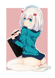 Rule 34 | 10s, 1girl, absurdres, ass, blue eyes, blush, bow, closed mouth, dragon xiuluo, drawing tablet, eromanga sensei, from behind, hair bow, highres, izumi sagiri, jacket, looking at viewer, no panties, pink background, red bow, simple background, sitting, solo, stylus, thighhighs, wariza, white hair, white thighhighs