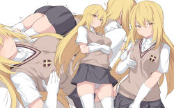 Rule 34 | + +, 1girl, ass, blonde hair, blush, breast hold, breasts, closed mouth, collared shirt, crossed arms, gloves, grey skirt, large breasts, long hair, looking at viewer, lying, multiple views, on stomach, panties, school uniform, shirt, shiseki hirame, shokuhou misaki, short sleeves, simple background, skirt, smile, sweater vest, thighhighs, thighs, toaru kagaku no railgun, toaru majutsu no index, toaru majutsu no index gaiden: toaru kagaku no mental out, tokiwadai school uniform, underwear, white background, white gloves, white panties, white shirt, white thighhighs, yellow eyes