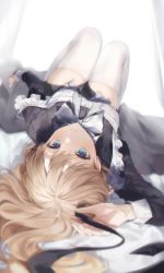 Rule 34 | 1girl, absurdres, apron, black dress, black ribbon, blonde hair, blue eyes, bow, bowtie, breasts, closed mouth, dress, highres, long hair, long sleeves, looking at viewer, lying, maid, maid apron, medium breasts, on back, original, ribbon, solcha, solo, thighhighs, white apron, white background, white bow, white bowtie, white thighhighs