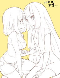 Rule 34 | 2girls, aged up, blush, chorimokki, creatures (company), game freak, holding another&#039;s arm, imminent kiss, kneeling, lillie (pokemon), long hair, looking at another, multiple girls, nintendo, pokemon, pokemon sm, seiza, selene (pokemon), short shorts, shorts, sitting, smile, tank top, translated, yuri
