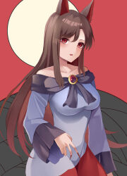 Rule 34 | 1girl, absurdres, animal ears, blush, brown hair, collarbone, dress, fingernails, highres, imaizumi kagerou, koizumo, long fingernails, long hair, long sleeves, nail polish, open mouth, red dress, red eyes, red nails, sharp fingernails, solo, touhou, upper body, white dress, wolf ears