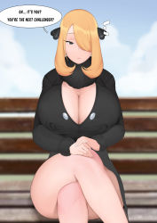 Rule 34 | 1girl, bench, black dress, black eyes, blonde hair, blurry, blurry background, breasts, cleavage, cloud, covered erect nipples, creatures (company), crossed legs, cynthia (pokemon), day, dress, english text, female focus, fur collar, game freak, hair over one eye, highres, huge breasts, legs, long hair, looking at viewer, moebell, nintendo, outdoors, own hands together, parted lips, pokemon, pokemon dppt, serious, sky, solo, speech bubble, thighs