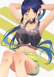 Rule 34 | 1girl, ;), armpits, arms up, black shirt, blue hair, breasts, cleavage, clothes writing, commentary request, crop top, dolphin shorts, gym shorts, hair tie in mouth, highres, invisible chair, knees together feet apart, legs together, long hair, love live!, love live! sunshine!!, matsuura kanan, mouth hold, navel, nike (company), one eye closed, poligon (046), purple eyes, shirt, short shorts, shorts, sitting, smile, solo, tank top, tying hair, very long hair, yellow shorts