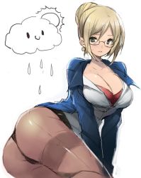Rule 34 | 1girl, alternate costume, arm support, ass, back-seamed legwear, bad id, bad twitter id, bespectacled, black panties, blonde hair, breasts, brown pantyhose, cleavage, earrings, forecast janna, glasses, green eyes, hair bun, janna (league of legends), jewelry, k (li), large breasts, league of legends, lying, on side, panties, panties over pantyhose, pantyhose, seamed legwear, simple background, single hair bun, sketch, solo, sweatdrop, thighband pantyhose, underwear, white background