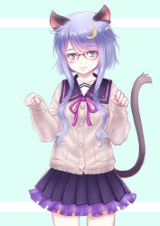 Rule 34 | 10s, 1girl, adapted costume, animal ears, bad id, bad pixiv id, blush, cardigan, cat ears, cat tail, crescent, crescent hair ornament, glasses day, hair ornament, highres, kantai collection, kemonomimi mode, kosai takayuki, looking at viewer, paw pose, pleated skirt, purple hair, ribbon, sailor collar, school uniform, serafuku, short hair, short hair with long locks, simple background, skirt, solo, tail, yayoi (kancolle)
