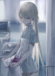 Rule 34 | 1girl, absurdres, apron, blonde hair, blood, blood stain, cowboy shot, hair rings, highres, indoors, long hair, looking at viewer, mask, mask pull, mouth mask, msa (fary white), nurse, original, purple blood, purple eyes, short sleeves, slit pupils, smile, solo, surgical mask, surgical scissors, upper body, very long hair, white apron