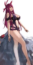 Rule 34 | 1girl, alternate costume, bare shoulders, black hat, breasts, cleavage, clothing cutout, dress, dress swimsuit, female focus, fire emblem, fire emblem engage, fire emblem heroes, hat, highres, ivy (fire emblem), ivy (summer) (fire emblem), j@ck, large breasts, long hair, looking at viewer, matching hair/eyes, mole, mole under mouth, navel, nintendo, official alternate costume, one-piece swimsuit, purple eyes, purple hair, purple one-piece swimsuit, solo, stomach, stomach cutout, swimsuit, thighs
