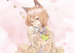Rule 34 | 1girl, animal ears, blush, brown eyes, brown hair, cat ears, heart, hrd, open mouth, original, outstretched arm, outstretched hand, smile, solo, sweater