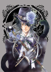 Rule 34 | 1boy, animal ears, black hair, bow, cane, cat boy, cat ears, cat tail, earrings, eyepatch, flower, hat, jewelry, lee sun young, male focus, original, ring, rose, scepter, solo, tail, yellow eyes