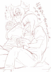 Rule 34 | 10s, 2girls, arm grab, beer can, blush, can, drink can, drunk, glasses, headgear, kantai collection, monochrome, multiple girls, musashi (kancolle), short hair, tenryuu (kancolle), torichamaru, translation request, twintails
