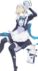 Rule 34 | 1girl, absurdres, apron, arm up, belt pouch, black dress, black thighhighs, blonde hair, blue archive, blue bow, blue bowtie, blue eyes, blue ribbon, blunt bangs, bow, bowtie, breasts, bun cover, chest harness, closed mouth, collared dress, commentary, dress, feishi, foot out of frame, frilled apron, frills, gun, hair ribbon, halo, harness, highres, invisible chair, long sleeves, maid apron, maid headdress, medium breasts, no shoes, pouch, ribbon, short hair, simple background, single sidelock, sitting, solo, thighhighs, toki (blue archive), torn clothes, torn thighhighs, weapon, white apron, white background