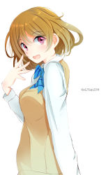 Rule 34 | 10s, 1girl, 2014, :d, absurdres, artist name, bad id, bad pixiv id, blonde hair, blush, bow, bowtie, breasts, brown hair, dated, highres, koizumi hanayo, looking at viewer, love live!, love live! school idol project, medium breasts, open mouth, profile, purple eyes, red eyes, school uniform, short hair, smile, solo, sweater vest, tebi (tbd11), upper body, white background