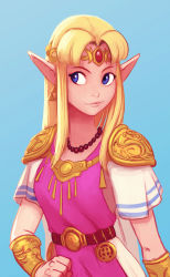 Rule 34 | 1girl, armlet, armor, belt, blonde hair, blue background, blue eyes, breasts, circlet, commentary, earrings, highres, jewelry, light smile, lips, long hair, looking to the side, necklace, nintendo, pauldrons, pointy ears, princess zelda, raichiyo33, shoulder armor, simple background, solo, super smash bros., the legend of zelda, the legend of zelda: a link between worlds, triforce