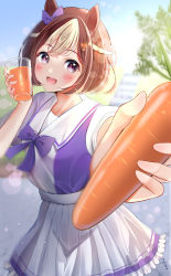 Rule 34 | 1girl, :d, absurdres, animal ears, blush, bow, bowtie, braid, brown hair, carrot, commentary, cup, ear ribbon, frilled skirt, frills, half updo, highres, holding, holding carrot, holding cup, horse ears, horse girl, looking at viewer, materu (2532), miniskirt, multicolored hair, open mouth, pleated skirt, puffy short sleeves, puffy sleeves, purple bow, purple bowtie, purple eyes, purple shirt, sailor collar, sailor shirt, school uniform, serafuku, shirt, short hair, short sleeves, skirt, smile, solo, special week (umamusume), streaked hair, summer uniform, symbol-only commentary, tracen school uniform, umamusume, white hair, white skirt