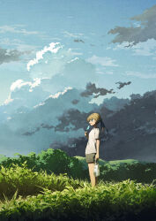 Rule 34 | 1girl, bag, black shorts, blue eyes, brown hair, cloud, dark clouds, flat chest, food, grass, green theme, hair between eyes, highres, holding, holding bag, holding food, holding ice cream, ice cream, landscape, long hair, looking ahead, low ponytail, on grass, open mouth, original, outdoors, plastic bag, ponytail, potg (piotegu), shirt, short sleeves, shorts, sky, solo, standing, sweatdrop, white shirt