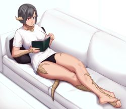 Rule 34 | 1girl, au ra, warrior of light (ff14), bare legs, barefoot, black panties, blue eyes, book, bulge, closed mouth, collarbone, commentary, commission, couch, crossed legs, english commentary, final fantasy, final fantasy xiv, full body, futanari, grey hair, heterochromia, horns, jewelry, ornate ring, panties, pillow, razalor, reading, reclining, red eyes, ring, scales, shirt, short hair, simple background, solo, tail, underwear, wedding ring, white background, white shirt