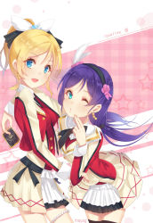 Rule 34 | 2girls, :d, ayase eli, between fingers, black hairband, blonde hair, blue eyes, card, closed mouth, cropped jacket, flower, hair flower, hair ornament, hairband, high ponytail, highres, holding, holding card, jacket, long hair, long sleeves, love live!, love live! school idol project, low twintails, maya g, multiple girls, one eye closed, open clothes, open jacket, open mouth, parted bangs, pink background, pink flower, pink rose, plaid, plaid background, pleated skirt, ponytail, purple hair, red jacket, red shirt, rose, shirt, skirt, smile, star (symbol), starry background, tojo nozomi, twintails, very long hair, white skirt