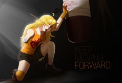 Rule 34 | 1girl, ahoge, amputee, bandages, blonde hair, blood, boots, breasts, english text, glowing, glowing eyes, light rays, long hair, open mouth, punching bag, rwby, shorts, single thighhigh, solo, spoilers, sweat, text focus, thighhighs, thighs, yang xiao long