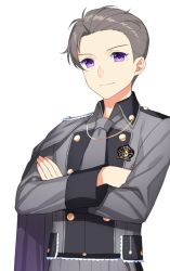 Rule 34 | 1boy, cape, closed mouth, collared shirt, copyright request, crossed arms, grey cape, grey necktie, grey pants, grey shirt, jenevan, looking at viewer, male focus, military, military uniform, necktie, pants, purple eyes, shirt, simple background, smile, solo, uniform, upper body, white background