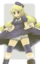 Rule 34 | 1girl, backpack, bag, beret, blonde hair, bloomers, blue dress, blue eyes, blue footwear, blush, boots, breasts, clothes lift, dress, dress lift, feet out of frame, female focus, finger wrap, frown, hat, highres, knee pads, lifting own clothes, long hair, medium breasts, neck ribbon, puffy sleeves, ribbon, shijou hinako, short sleeves, solo, swept bangs, the king of fighters, twintails, underwear, v-shaped eyebrows, wrist wrap, yukko