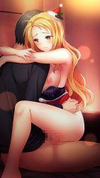 Rule 34 | 1boy, 1girl, arms around neck, black bra, black hair, black shirt, blonde hair, blush, bottomless, bra, bra pull, breasts, clothes pull, doukyuusei 2, doukyuusei another world, fur-trimmed headwear, fur trim, game cg, girl on top, hat, hetero, indoors, large breasts, lens flare, long hair, maijima karen, mini hat, nipples, official art, parted lips, red eyes, red headwear, sex, shirt, straddling, underwear, upright straddle, vaginal, very long hair