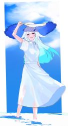 Rule 34 | 1girl, arm at side, arm up, breasts, collared dress, colored inner hair, dress, gohan (gohanchang), hair ornament, half-closed eyes, hand on headwear, hat, highres, lize helesta, long hair, looking at viewer, multicolored hair, nijisanji, open mouth, purple eyes, short sleeves, small breasts, smile, solo, straw hat, virtual youtuber, wading, water, white dress, wind
