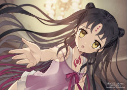 Rule 34 | 1girl, aged down, babydoll, backlighting, bare shoulders, black hair, breasts, chest tattoo, double bun, dress swimsuit, facial mark, fate/grand order, fate (series), forehead mark, hair bun, long hair, meiji ken, multicolored hair, one-piece swimsuit, open mouth, outstretched arm, parted bangs, pink babydoll, pink hair, pink one-piece swimsuit, sessyoin kiara, sessyoin kiara (lily), small breasts, solo, streaked hair, swimsuit, tattoo, very long hair, wavy hair, yellow eyes