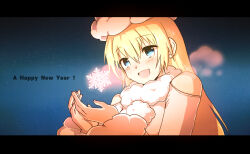Rule 34 | 1girl, :d, blonde hair, blue eyes, breath, dress, floating, happy new year, letterboxed, long hair, long sleeves, new year, onimaru gonpei, open mouth, original, sky, smile, snowflakes, solo, star (sky), starry sky, white dress