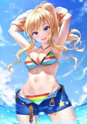 Rule 34 | 1girl, armpits, bare shoulders, bikini, bikini under clothes, blonde hair, blue eyes, blush, breasts, cleavage, clothes lift, collarbone, day, duplicate, front-tie bikini top, front-tie top, halterneck, highres, idolmaster, idolmaster cinderella girls, jewelry, long hair, looking at viewer, medium breasts, navel, necklace, ohtsuki yui, open mouth, ponytail, shirt lift, short shorts, shorts, smile, solo, standing, string bikini, striped bikini, striped clothes, swept bangs, swimsuit, takeashiro, thighs, wading, water drop, wavy hair