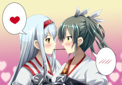 Rule 34 | 10s, 2girls, bow, food, green hair, hair bow, heart, inoshira, japanese clothes, kantai collection, long hair, multiple girls, muneate, personification, pocky, pocky day, pocky kiss, shared food, shoukaku (kancolle), silver hair, speech bubble, spoken blush, spoken heart, twintails, yuri, zuikaku (kancolle)