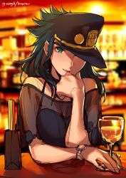 Rule 34 | 1girl, bare shoulders, blurry, blurry background, camisole, closed mouth, commentary request, cup, depth of field, detached sleeves, drinking glass, genderswap, genderswap (mtf), green eyes, green hair, hat, highres, jojo no kimyou na bouken, kotatsu (g-rough), kuujou joutarou, long hair, looking at viewer, one eye covered, peaked cap, signature, sketch, smile, solo, stardust crusaders, watch, wine glass, wristwatch