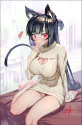 Rule 34 | animal ears, bare legs, barefoot, bedside, black hair, blunt bangs, blush, breast suppress, breasts, cat ears, cat girl, cat tail, cleavage, cleavage cutout, clothing cutout, covered erect nipples, dress, hand up, heart, highres, kawarage, knees, large breasts, long hair, looking at viewer, original, panties, pantyshot, red eyes, ribbed sweater, signature, sitting, sleeves past wrists, sweater, sweater dress, tail, tan sweater, underwear, very long hair
