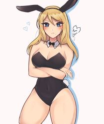 1girl afterimage animal_ear_hairband animal_ears artist_logo black_bow black_bowtie black_leotard blonde_hair blue_eyes blush bow bowtie breasts cleavage commentary covered_navel crossed_arms detached_collar english_commentary fake_animal_ears fake_tail hairband heart highres leotard long_hair looking_at_viewer metroid nintendo playboy_bunny purrlucii rabbit_ear_hairband rabbit_ears rabbit_tail samus_aran simple_background solo standing strapless strapless_leotard tail thighhighs white_background