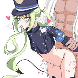 Rule 34 | 1boy, 1girl, abs, absurdres, arm grab, arm held back, armband, black tail, blue archive, blue armband, blue hat, blue jacket, blush, bottomless, buttons, cropped jacket, demon tail, double-breasted, green hair, hat, heart, height difference, hetero, highlander twintails conductor (blue archive), highres, jacket, kowa m9, leaning forward, long hair, long sleeves, navel, open clothes, open mouth, open shirt, peaked cap, pointy ears, rolling eyes, sex, sex from behind, sketch, spoken heart, standing, standing sex, tail, twintails, vaginal, very long hair, yellow eyes