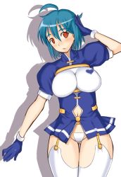 Rule 34 | 1girl, adjusting hair, ahoge, aqua hair, bottomless, breasts, gloves, green hair, heart, large breasts, looking at viewer, maebari, nagase haruhito, red eyes, short hair, simple background, solo, thighhighs, white background