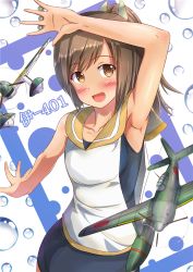 Rule 34 | 10s, 1girl, aircraft, airplane, arm up, armpits, blush, brown eyes, brown hair, hair ornament, i-401 (kancolle), ichikawa feesu, kantai collection, long hair, looking at viewer, one-piece swimsuit, open mouth, ponytail, smile, solo, swimsuit, swimsuit under clothes, tan