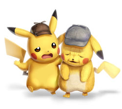 Rule 34 | brown headwear, closed eyes, clothed pokemon, commentary request, creatures (company), detective pikachu, detective pikachu (character), detective pikachu (game), detective pikachu (movie), game freak, gen 1 pokemon, gonzarez, grey headwear, hat, head down, highres, nintendo, no humans, open mouth, pikachu, pokemon, pokemon (creature), textless version, tongue, walking, white background, wrinkled frown (detective pikachu), yellow fur