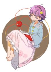 Rule 34 | 1girl, ahoge, artist name, barefoot, black hairband, blue shirt, book, circle, commentary request, floral print, frilled shirt collar, frilled sleeves, frills, full body, hair ornament, hairband, heart, heart hair ornament, highres, jitome, knees up, komeiji satori, long sleeves, looking at viewer, namauni, petticoat, pink skirt, purple eyes, purple hair, shirt, short hair, signature, simple background, sitting, skirt, solo, third eye, touhou, white background, wide sleeves