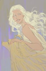 Rule 34 | 1girl, afghan hound, alternate costume, argos (ff14), bare arms, bare shoulders, blonde hair, blue eyes, colored eyelashes, dog, final fantasy, final fantasy xiv, floating hair, from side, grey background, grin, highres, long hair, looking at viewer, maotuiii, shirt, sketch, sleeveless, sleeveless shirt, smile, upper body, venat (ff14), wavy hair, white shirt