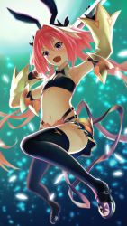 Rule 34 | 1boy, armor, armpits, arms up, astolfo (fate), astolfo (saber) (fate), backlighting, bare shoulders, belt, black bow, black footwear, black gloves, black ribbon, black skirt, black thighhighs, blush, bow, bowtie, crop top, detached sleeves, fang, fate/grand order, fate (series), faulds, gloves, gradient background, hair between eyes, hair bow, hair intakes, hair ribbon, legs, long hair, long sleeves, looking at viewer, low twintails, male focus, md5 mismatch, midriff, miniskirt, multicolored hair, navel, open mouth, pink hair, purple eyes, resolution mismatch, ribbon, skirt, smile, solo, source larger, streaked hair, sword, thighhighs, thighs, trap, twintails, weapon, white hair, wide sleeves, yoka1chi