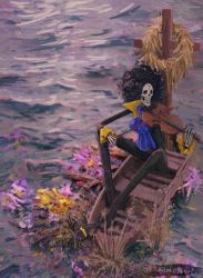 Rule 34 | afro, alcohol (alc96vol), ascot, boat, brook (one piece), flower, frilled sleeves, frills, grave, highres, holding, holding instrument, holding violin, instrument, ocean, one piece, skeleton, solo, violin, watercraft, wreath