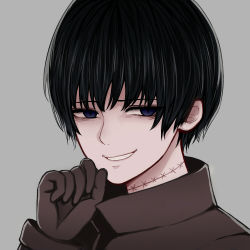 Rule 34 | 1boy, bad id, bad pixiv id, black gloves, black hair, blue eyes, clenched teeth, commentary request, fang, gloves, grey background, grin, hand up, iagiluerbgnio, looking at viewer, male focus, original, portrait, scar, scar on neck, simple background, smile, smug, solo, stitched neck, stitches, teeth