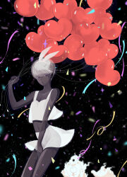 Rule 34 | 1other, absurdres, androgynous, animal ears, balloon, bare arms, bare shoulders, between legs, black background, cairngorm (houseki no kuni), camisole, collarbone, commentary, confetti, cowboy shot, crop top, dark skin, fake animal ears, floating clothes, hairband, hand between legs, hand up, heart balloon, highres, holding, holding balloon, houseki no kuni, lipstick, makeup, midriff, motion blur, navel, one-eyed, oo0mog0oo, open mouth, other focus, rabbit ears, see-through silhouette, shiro (houseki no kuni), short hair, shorts, skort, sleeveless, translucent hair, white hair, white shorts