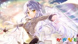 Rule 34 | 1girl, black skirt, blue sky, blush, brown jacket, cloud, cloudy sky, commentary request, copyright request, fujima takuya, grey hair, holding, holding umbrella, jacket, long hair, long sleeves, looking at viewer, outdoors, outstretched arms, parted bangs, parted lips, pleated skirt, school uniform, skirt, sky, sleeves past wrists, solo, spread arms, sunset, transparent, transparent umbrella, umbrella, very long hair, yellow eyes