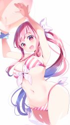 Rule 34 | 1girl, :d, arms up, ball, bare shoulders, beachball, bikini, blue scrunchie, blush, bow, bow bikini, breasts, chikuwa., cleavage, commentary request, groin, hair bow, highres, holding, holding ball, large breasts, long hair, looking at viewer, navel, open mouth, original, pink hair, polka dot, polka dot scrunchie, ponytail, red eyes, scrunchie, side-tie bikini bottom, simple background, smile, solo, striped bikini, striped clothes, swimsuit, transparent, very long hair, white background, white bow, wrist scrunchie