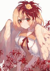 Rule 34 | 1girl, animal, animal on head, bird, bird on head, bird wings, blonde hair, blush, chick, closed mouth, dress, feathered wings, flower, hair between eyes, huangyou, multicolored hair, niwatari kutaka, on head, orange dress, red eyes, red flower, red hair, shirt, short hair, short sleeves, simple background, solo, spider lily, touhou, two-tone hair, white background, white shirt, wings, yellow wings