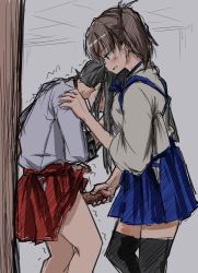 Rule 34 | 10s, 2girls, bad id, bad twitter id, clothes lift, futa with female, futanari, gmgt (gggggg3), hand on shoulder, handjob, japanese clothes, kaga (kancolle), kantai collection, long hair, multiple girls, penis, side ponytail, simple background, skirt, skirt lift, standing, thighhighs, trembling, twintails, zuikaku (kancolle)