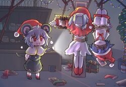 Rule 34 | 3girls, animal ears, barbed wire, bdsm, black footwear, blindfold, blue hair, bondage, bound, capelet, christmas, christmas tree, commentary request, cookie (touhou), crucifixion, drddrddo, flashlight, flashlight beam, flour (cookie), full body, grey hair, grey skirt, grey vest, hair between eyes, hat, highres, holding, holding flashlight, indoors, kumoi ichirin, long bangs, long sleeves, looking at another, milk (cookie), mouse ears, mouse girl, mouse tail, mousetrap, multiple girls, murasa minamitsu, nazrin, nyon (cookie), open mouth, pom pom (clothes), red eyes, red footwear, red headwear, santa hat, shelf, shirt, shoes, short hair, skirt, skirt set, smile, socks, standing, sweat, nervous sweating, tail, touhou, upside-down, vest, white capelet, white shirt
