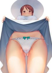 Rule 34 | 1girl, anti (0324), ass, bad id, bad twitter id, blush, bow, bow panties, breasts, brown eyes, brown hair, cameltoe, clothes lift, commentary request, dress, dress lift, from below, gluteal fold, hat, highres, idolmaster, idolmaster cinderella girls, lifting own clothes, looking at viewer, looking down, mifune miyu, panties, side-tie panties, simple background, solo, sun hat, underwear, upskirt, white background, white dress, white hat, white panties