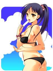 Rule 34 | 1girl, bikini, black hair, blue hair, brown eyes, butt crack, food, highres, ice cream, ponytail, popsicle, saki (manga), solo, swimsuit, tsuyama mutsuki